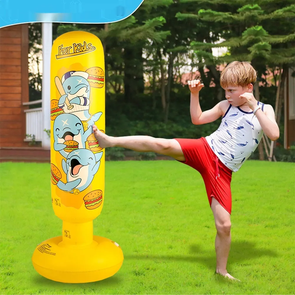 Yellow hamburger patterned inflatable boxing column, 120cm tall PVC fitness tumbler for home training
