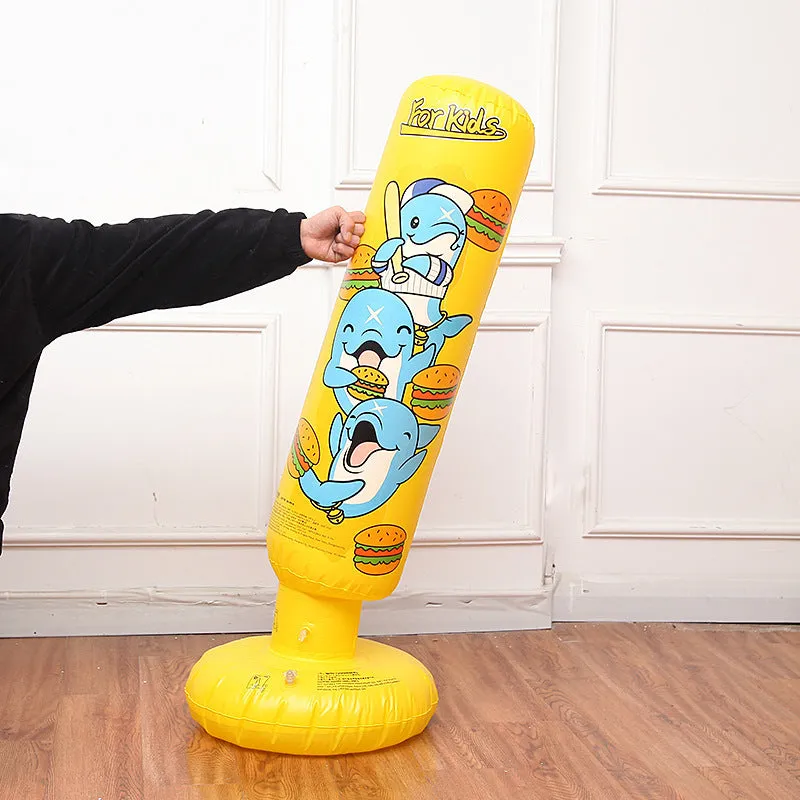 Yellow hamburger patterned inflatable boxing column, 120cm tall PVC fitness tumbler for home training