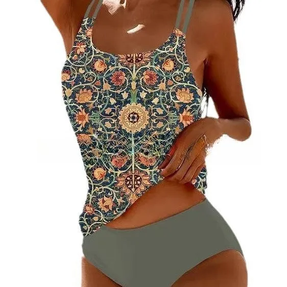 Retro high waist bikini swimsuit with beach print straps in green colour