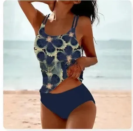 Retro high waist bikini swimsuit with beach print straps in green colour