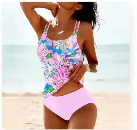 Retro high waist bikini swimsuit with beach print straps in green colour