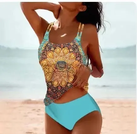 Retro high waist bikini swimsuit with beach print straps in green colour