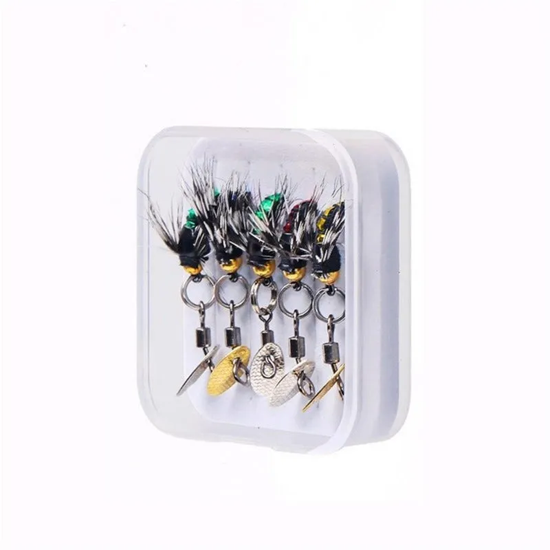 5 bionic mosquito and fly fishing hooks with spinning sequins in multicolour patterns