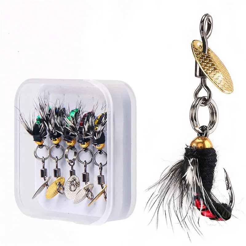 5 bionic mosquito and fly fishing hooks with spinning sequins in multicolour patterns