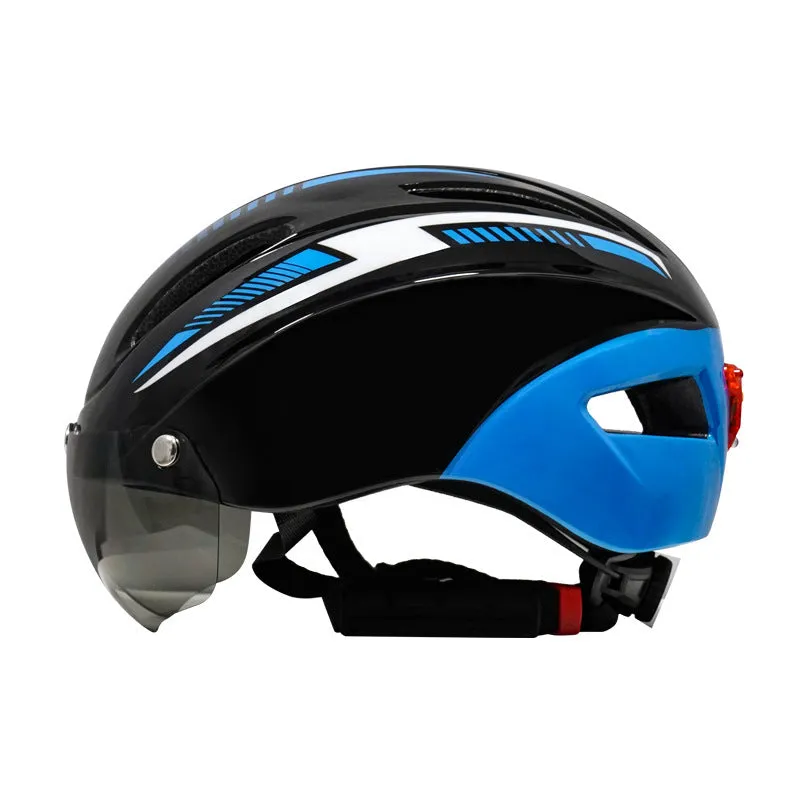 Adult bicycle helmet with integrated rear red taillight shown in a black and blue colour variant.