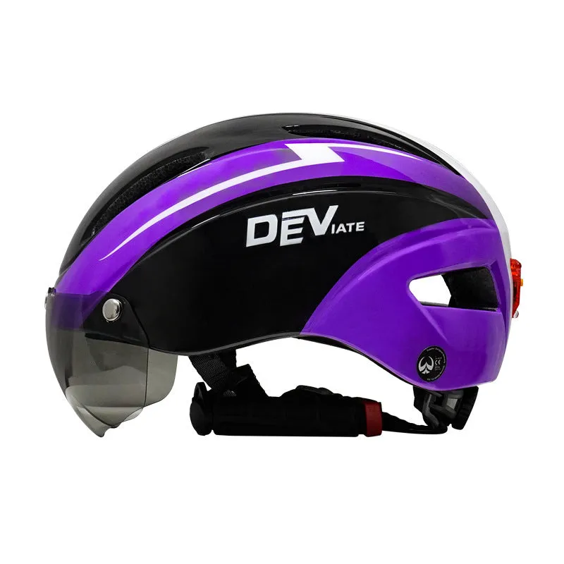 Adult bicycle helmet with integrated rear red taillight shown in a black and blue colour variant.