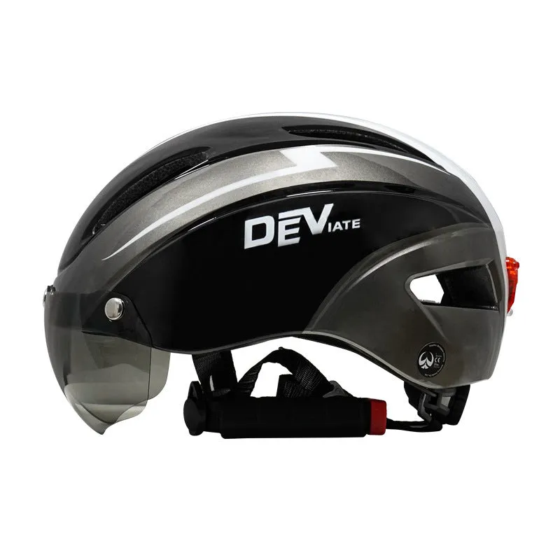 Adult bicycle helmet with integrated rear red taillight shown in a black and blue colour variant.