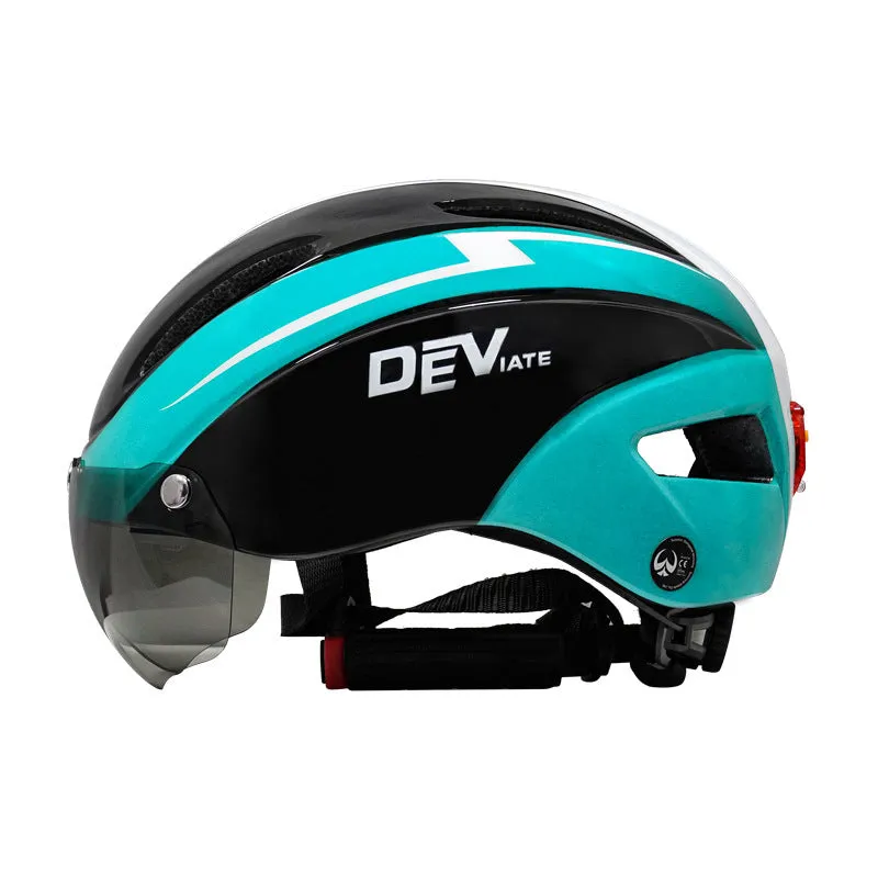 Adult bicycle helmet with integrated rear red taillight shown in a black and blue colour variant.