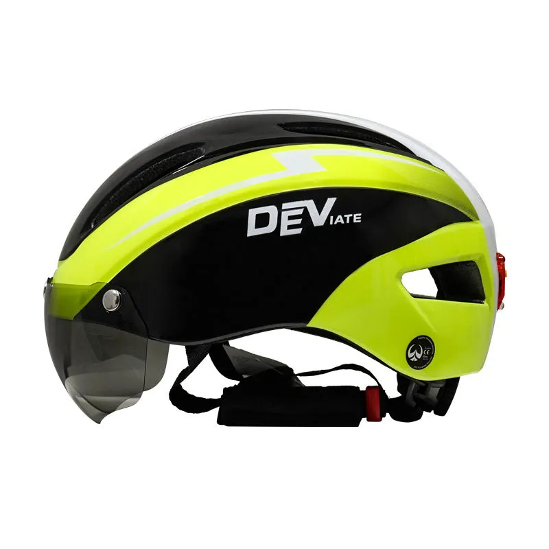 Adult bicycle helmet with integrated rear red taillight shown in a black and blue colour variant.
