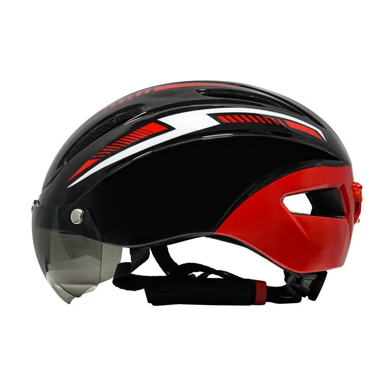 Adult bicycle helmet with integrated rear red taillight shown in a black and blue colour variant.