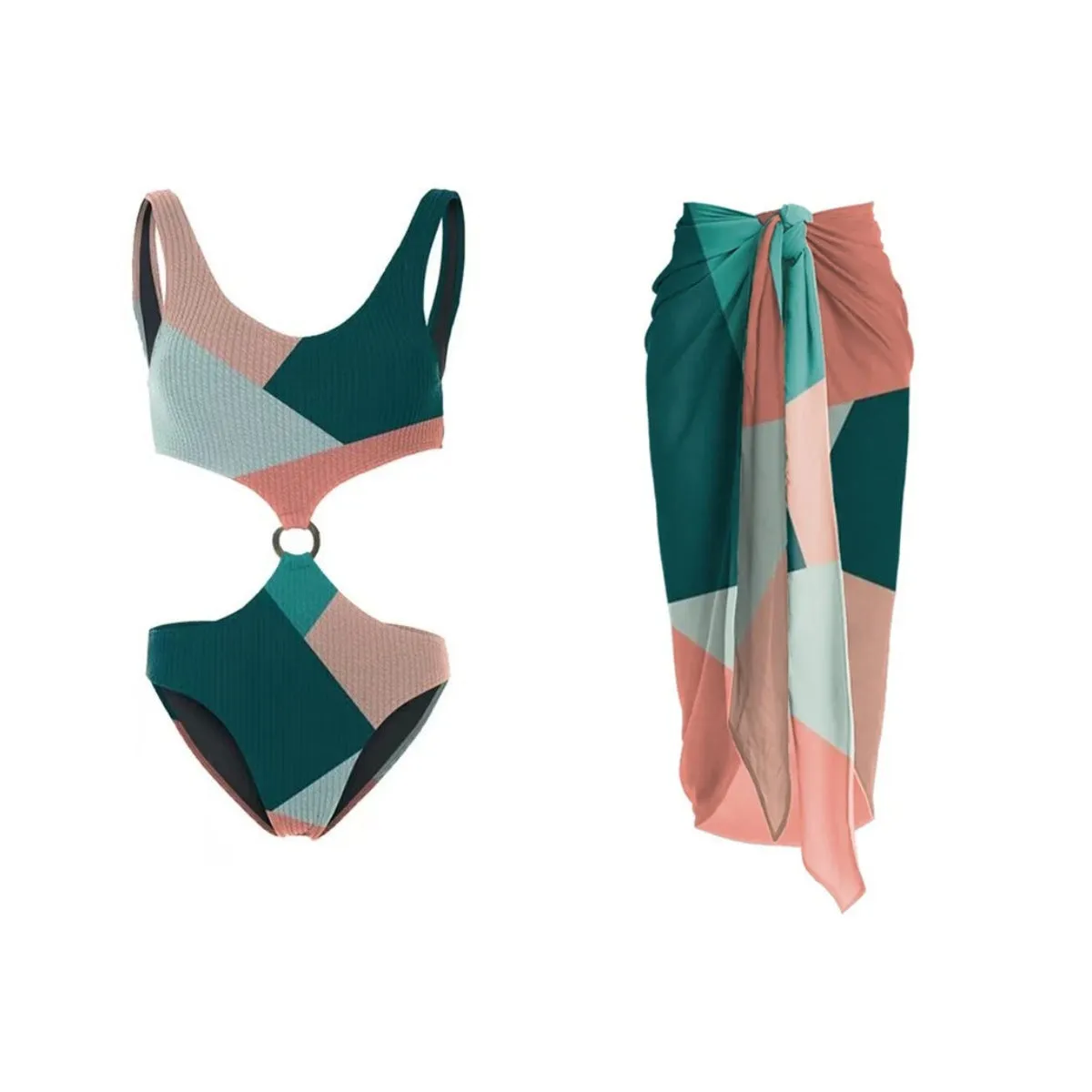 Women's colour contrast bikini set with cross-back design and mesh gauze skirt
