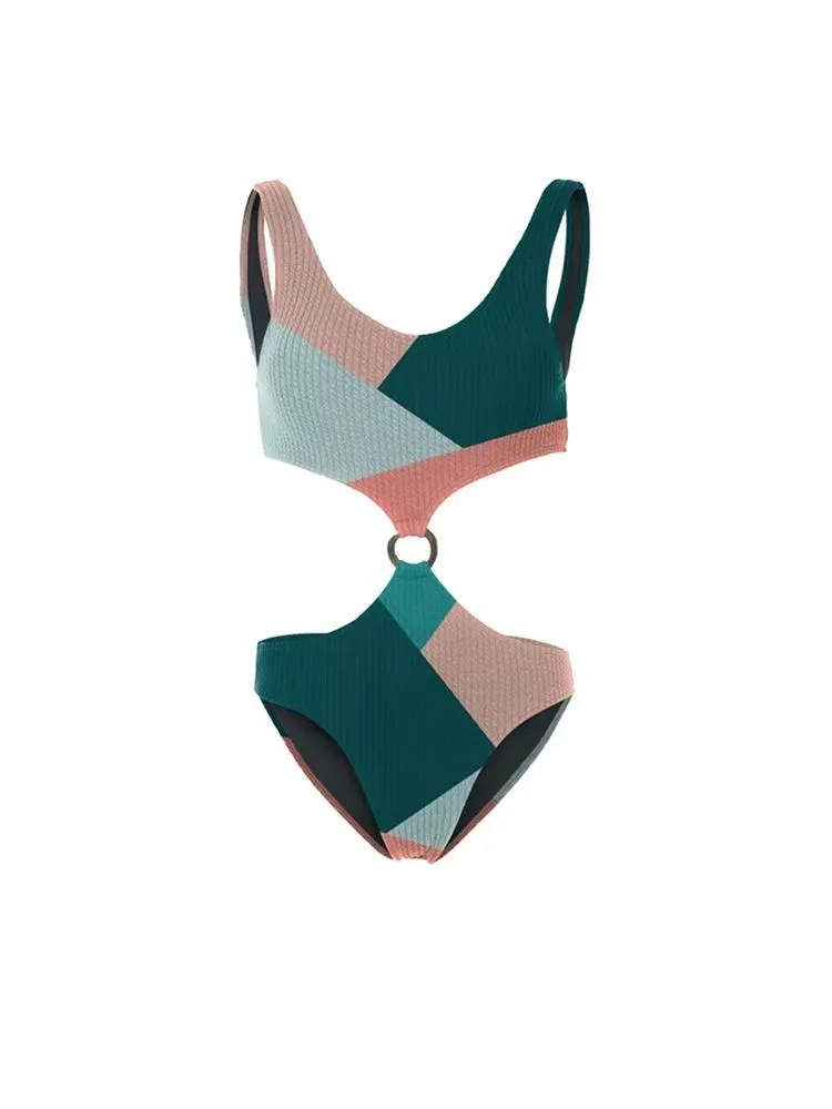 Women's colour contrast bikini set with cross-back design and mesh gauze skirt