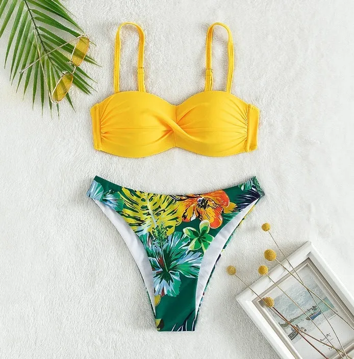 Women's fluorescent green push-up bikini set with hard cups on a mannequin.