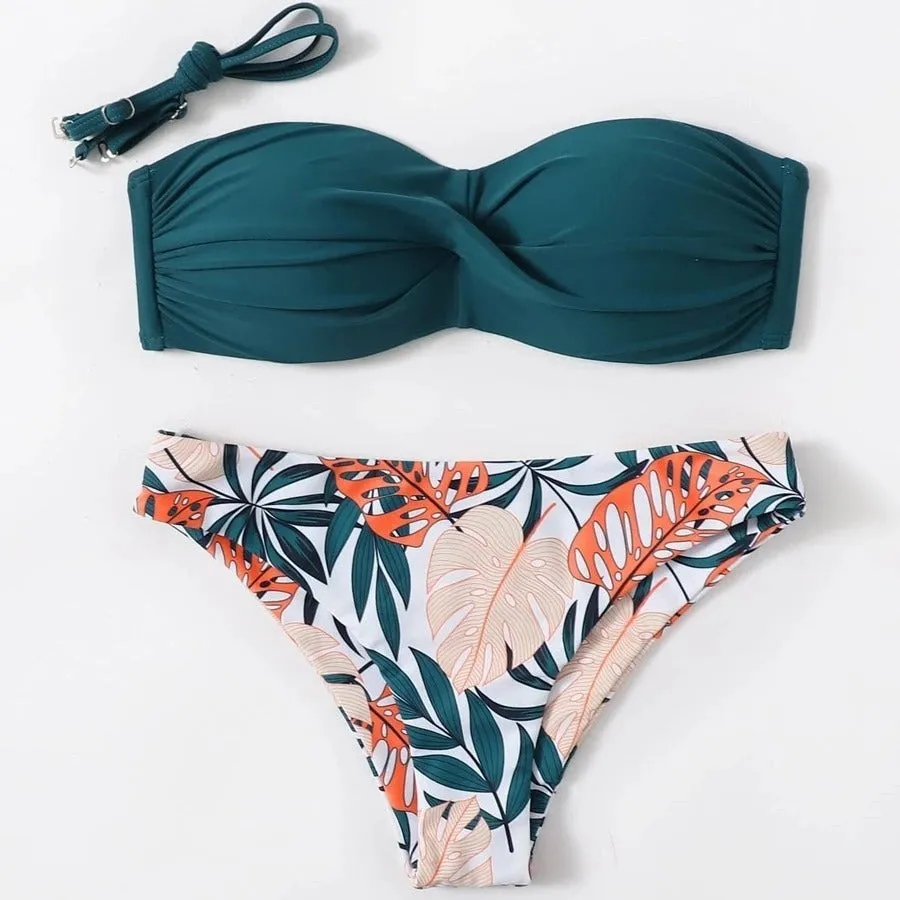 Women's fluorescent green push-up bikini set with hard cups on a mannequin.