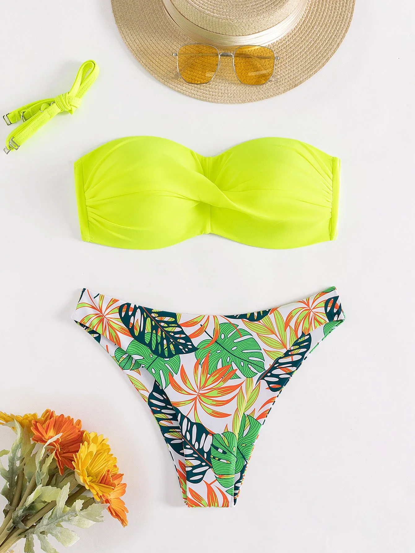 Women's fluorescent green push-up bikini set with hard cups on a mannequin.