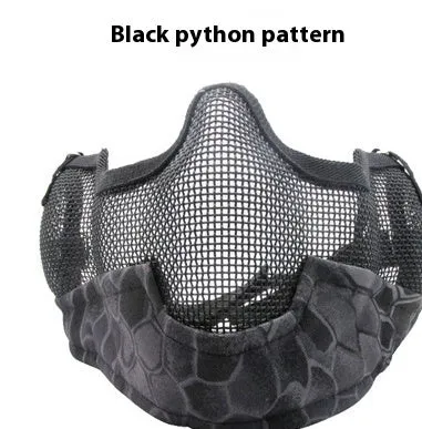 Carbon steel face protection mask in a head-mounted design on a mannequin head.