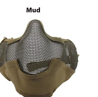 Carbon steel face protection mask in a head-mounted design on a mannequin head.