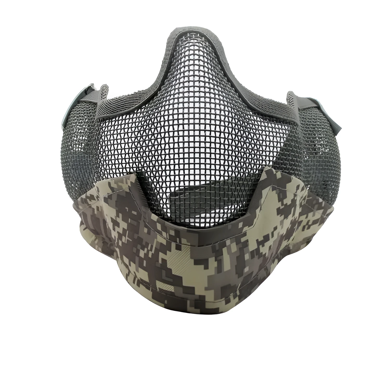 Carbon steel face protection mask in a head-mounted design on a mannequin head.