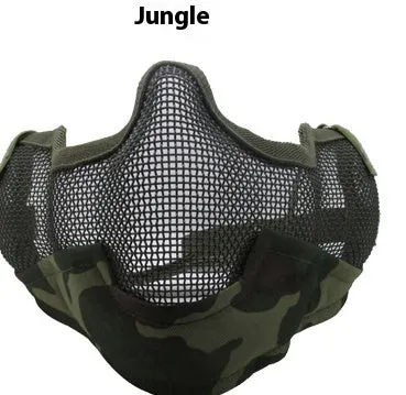 Carbon steel face protection mask in a head-mounted design on a mannequin head.