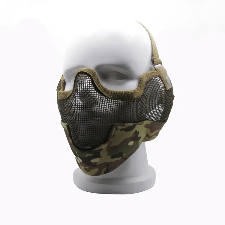Carbon steel face protection mask in a head-mounted design on a mannequin head.