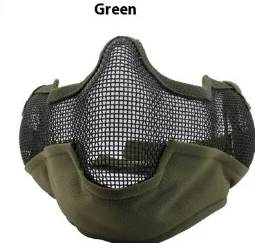 Carbon steel face protection mask in a head-mounted design on a mannequin head.