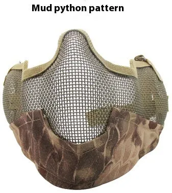 Carbon steel face protection mask in a head-mounted design on a mannequin head.