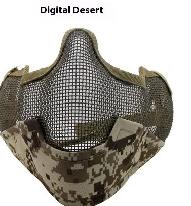 Carbon steel face protection mask in a head-mounted design on a mannequin head.