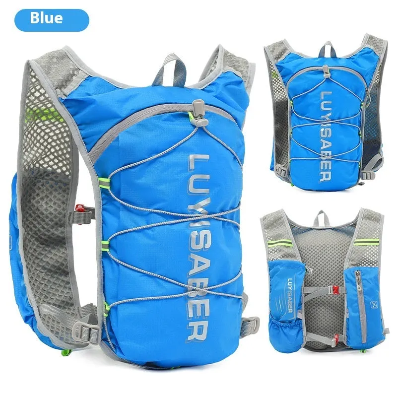 Blue nylon running backpack with reflective strips, shown on a person hiking.