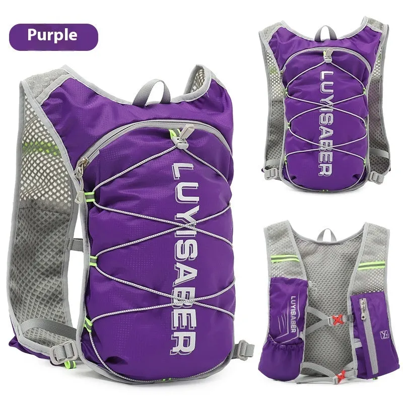 Blue nylon running backpack with reflective strips, shown on a person hiking.