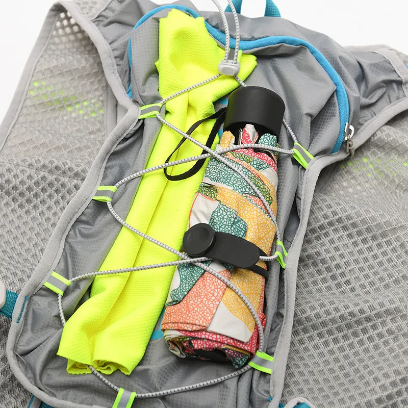 Blue nylon running backpack with reflective strips, shown on a person hiking.