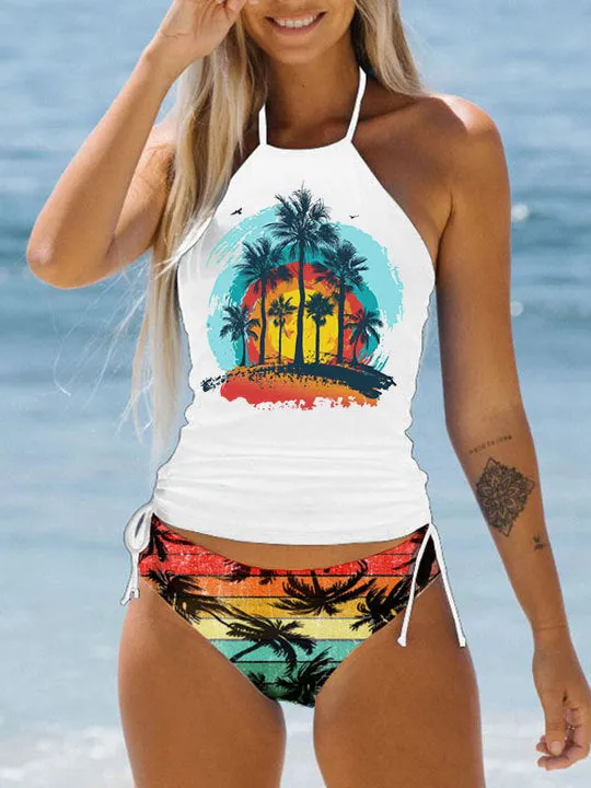 Women's conservative split-front printed bikini swimsuit with colourful cartoon patterns