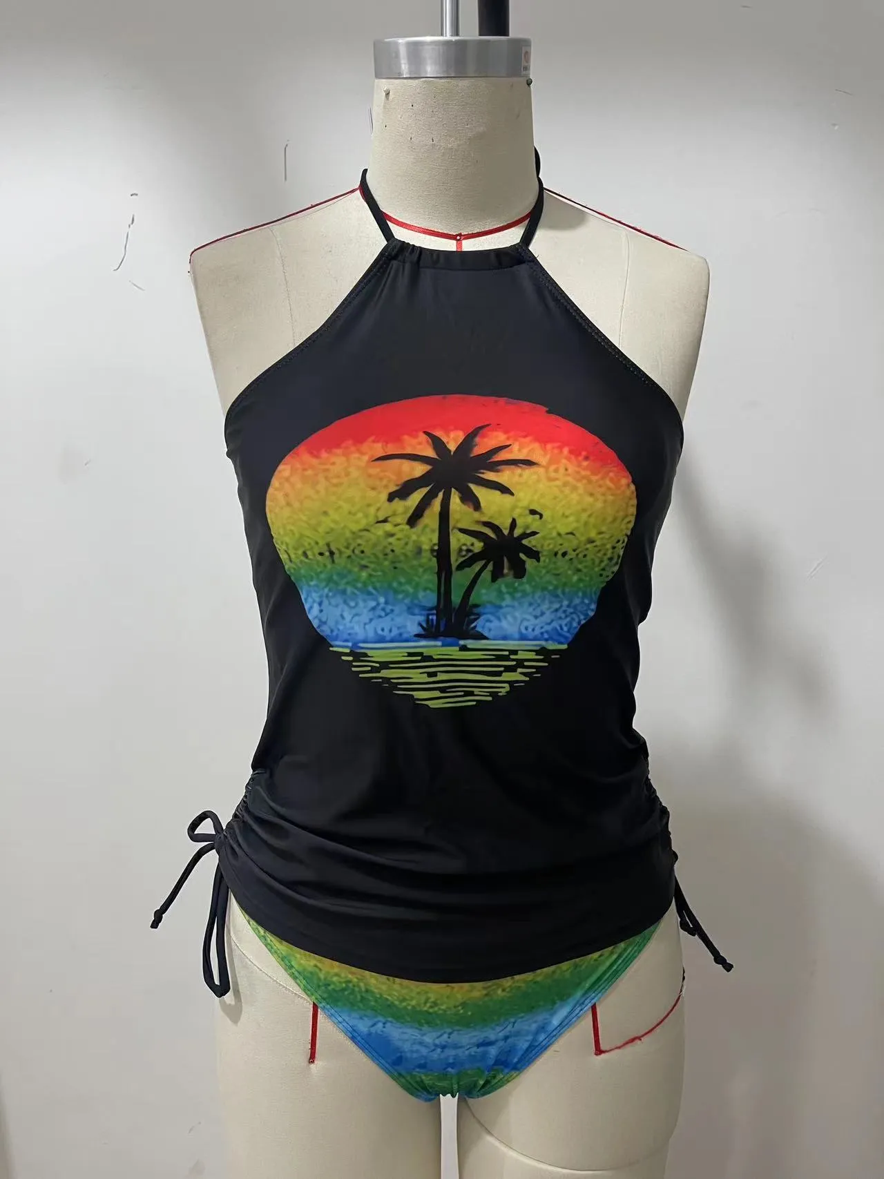 Women's conservative split-front printed bikini swimsuit with colourful cartoon patterns