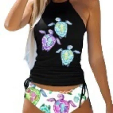 Women's conservative split-front printed bikini swimsuit with colourful cartoon patterns