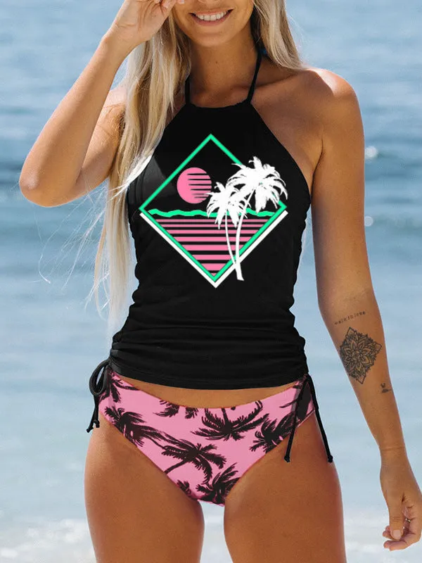 Women's conservative split-front printed bikini swimsuit with colourful cartoon patterns