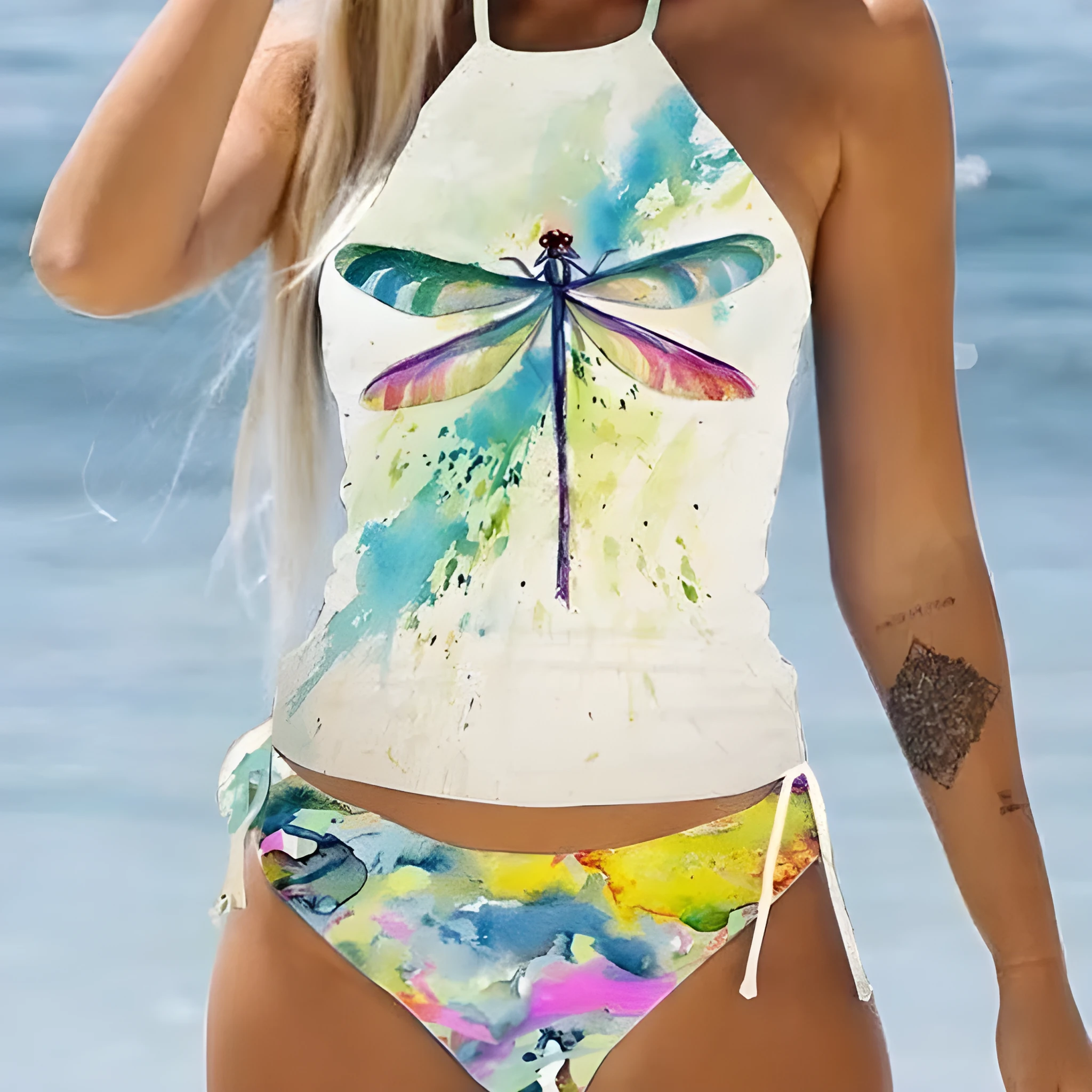 Women's conservative split-front printed bikini swimsuit with colourful cartoon patterns
