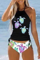 Women's conservative split-front printed bikini swimsuit with colourful cartoon patterns