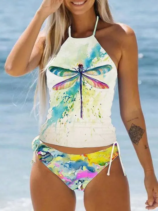 Women's conservative split-front printed bikini swimsuit with colourful cartoon patterns