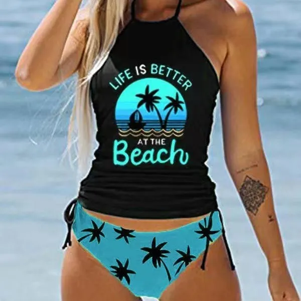 Women's conservative split-front printed bikini swimsuit with colourful cartoon patterns