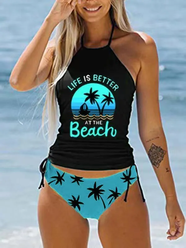 Women's conservative split-front printed bikini swimsuit with colourful cartoon patterns