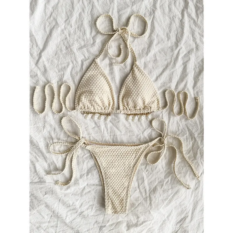 Women's halter lace-up bikini swimsuit in milky white with adjustable side ties