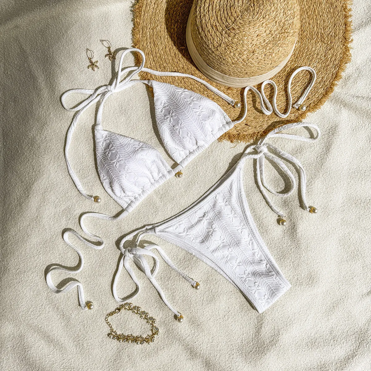 Women's halter lace-up bikini swimsuit in milky white with adjustable side ties