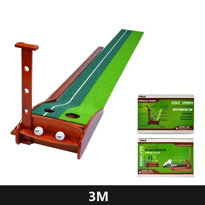 Indoor golf putting practice mat with dual hole targets and automatic ball return system