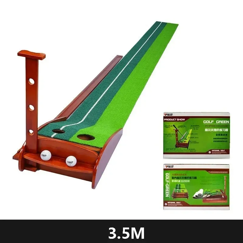 Indoor golf putting practice mat with dual hole targets and automatic ball return system