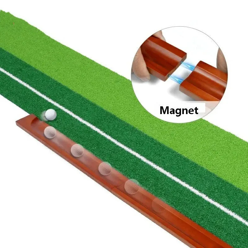 Indoor golf putting practice mat with dual hole targets and automatic ball return system