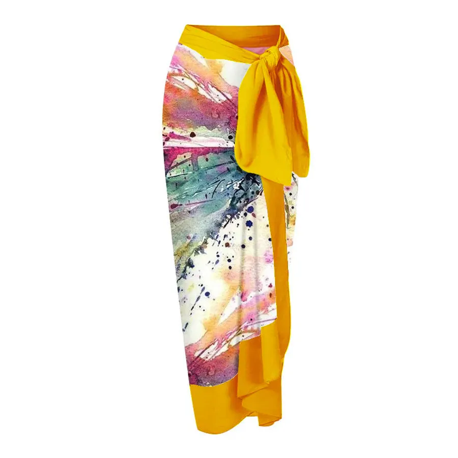 Yellow conservative one-piece swimsuit with belly cover design on woman model
