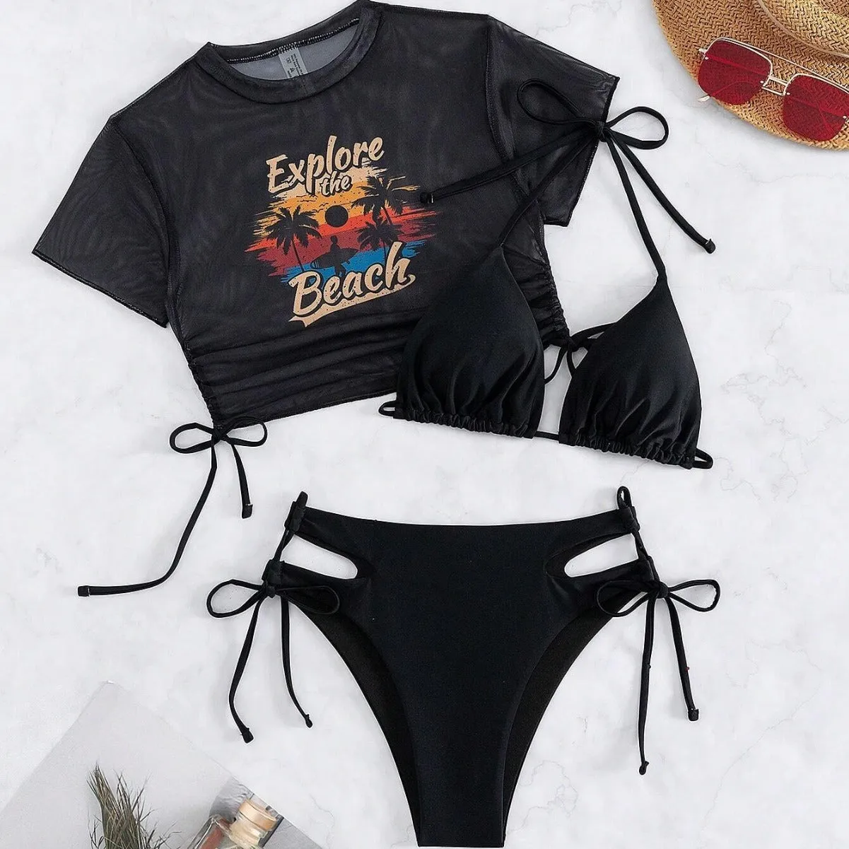 Women's three-piece bikini swimsuit with short sleeves in nylon fabric