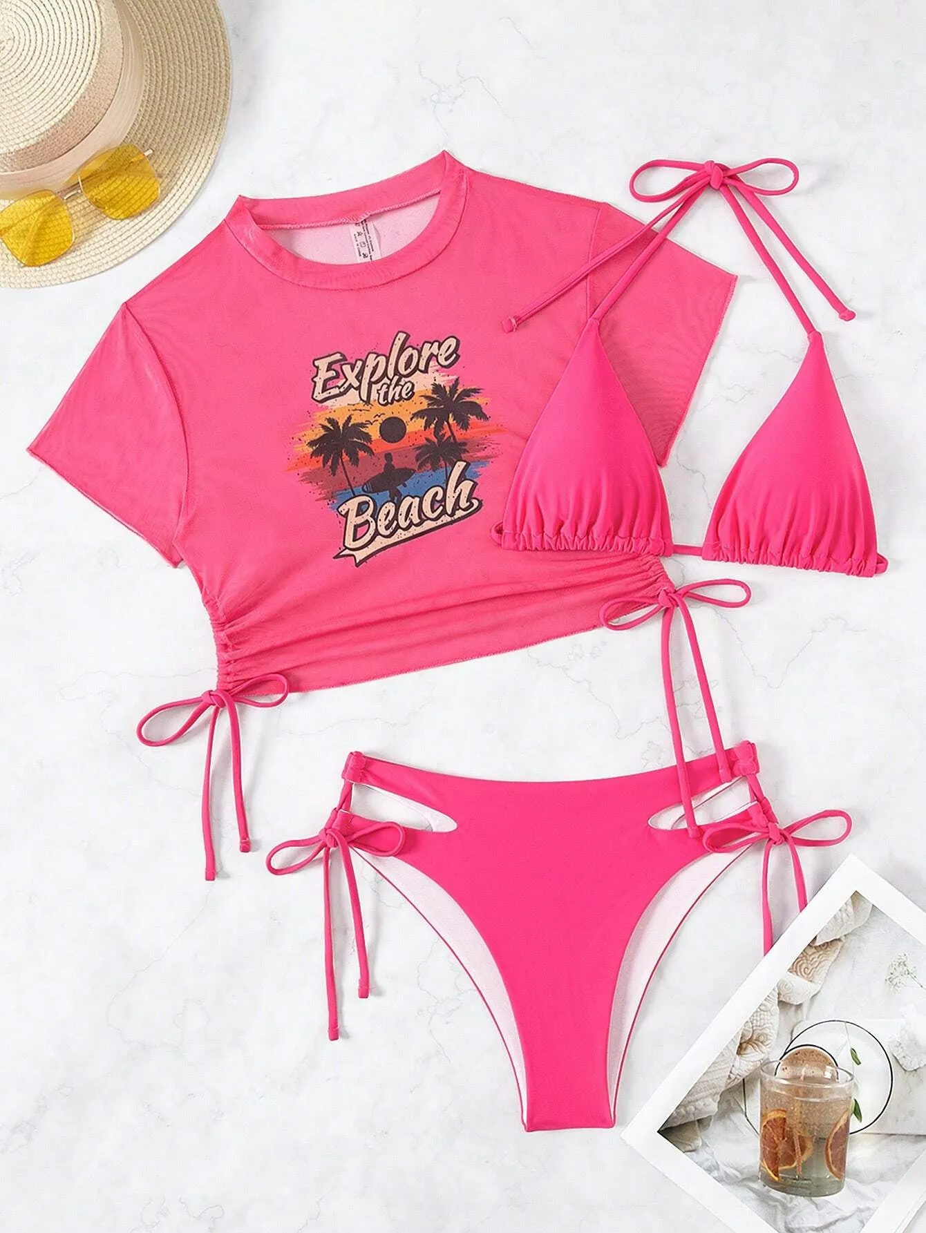 Women's three-piece bikini swimsuit with short sleeves in nylon fabric