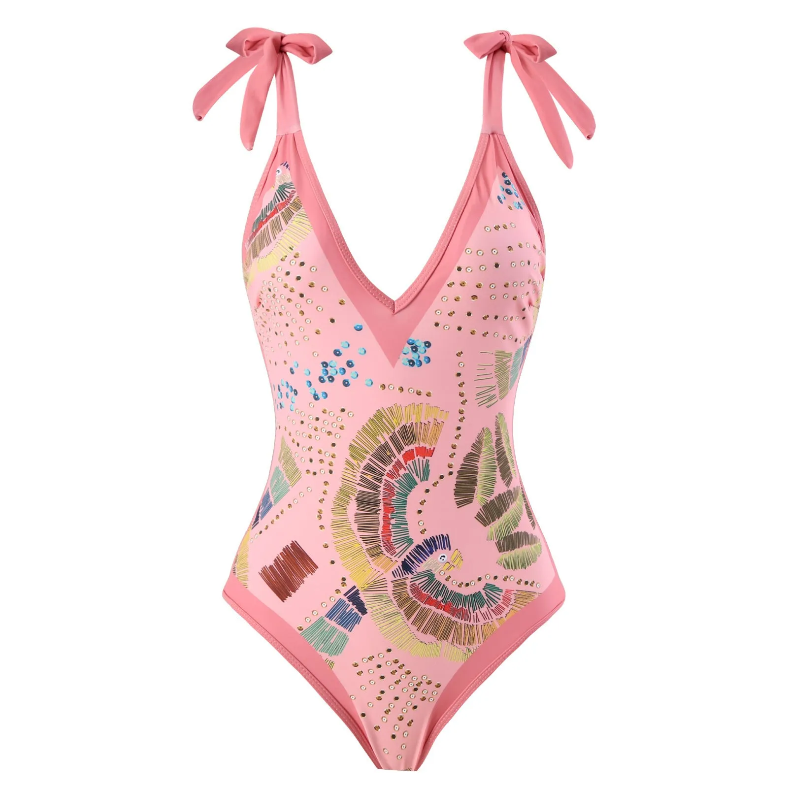 Blue retro one-piece swimsuit with bikini bottom and matching gauze skirt laid flat