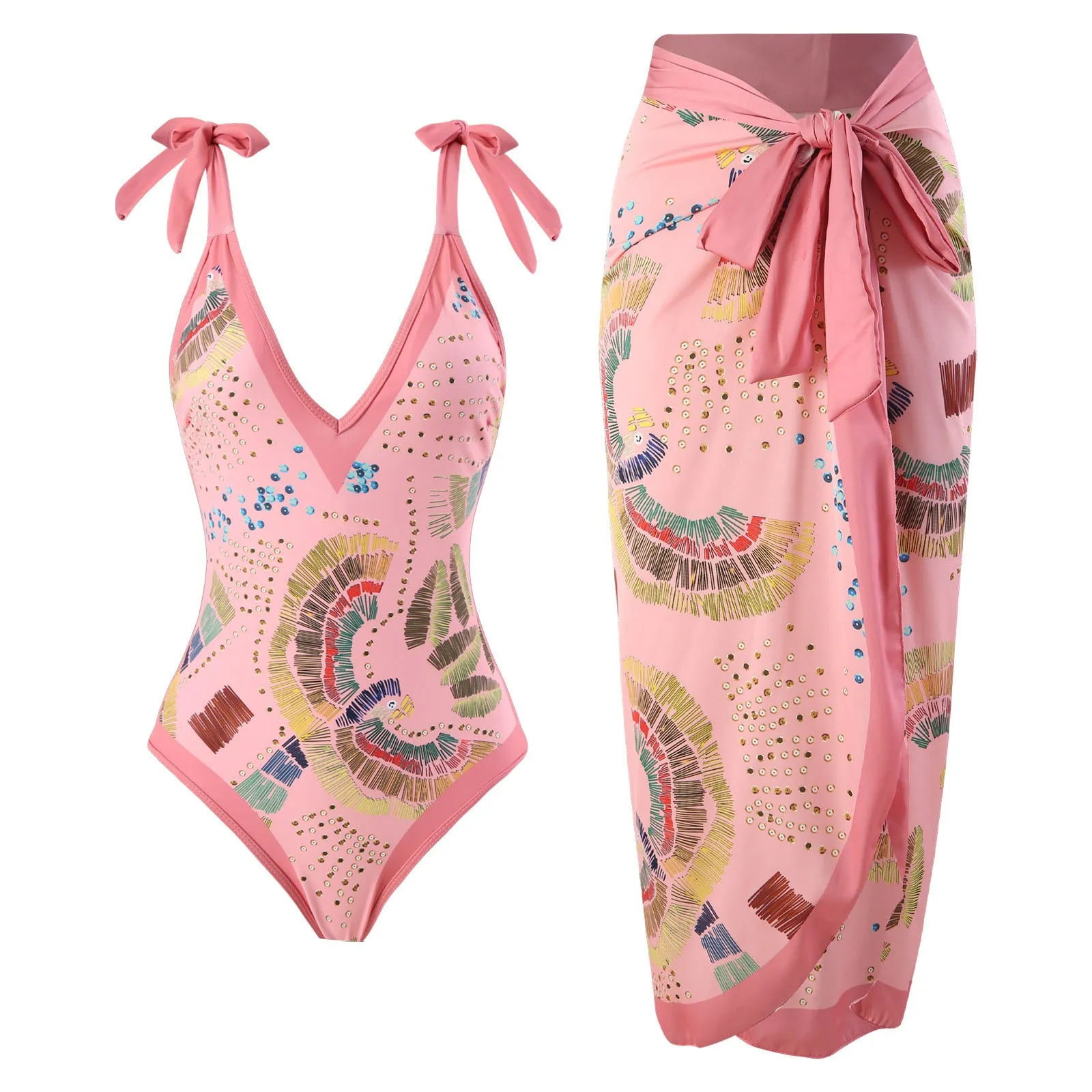 Blue retro one-piece swimsuit with bikini bottom and matching gauze skirt laid flat
