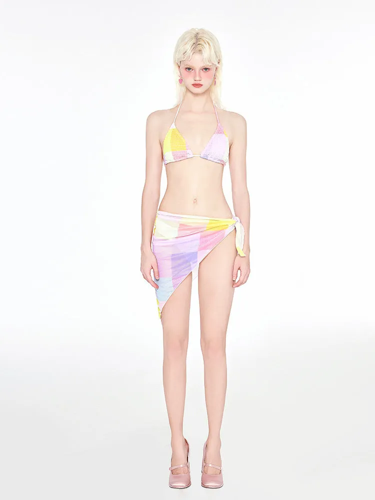 Rainbow pink women's triangle bikini swimsuit three piece set with wireless cups